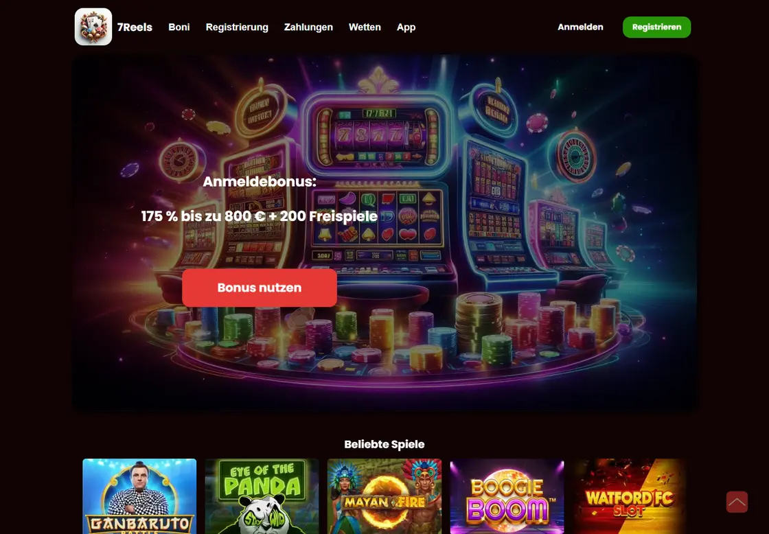 The 7Reels Casino home page with a welcome bonus banner above a grid of brightly coloured slot tiles