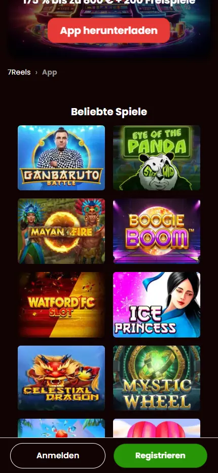 The 7Reels Casino lobby on a phone screen with the popular games reflowed into a two-column grid