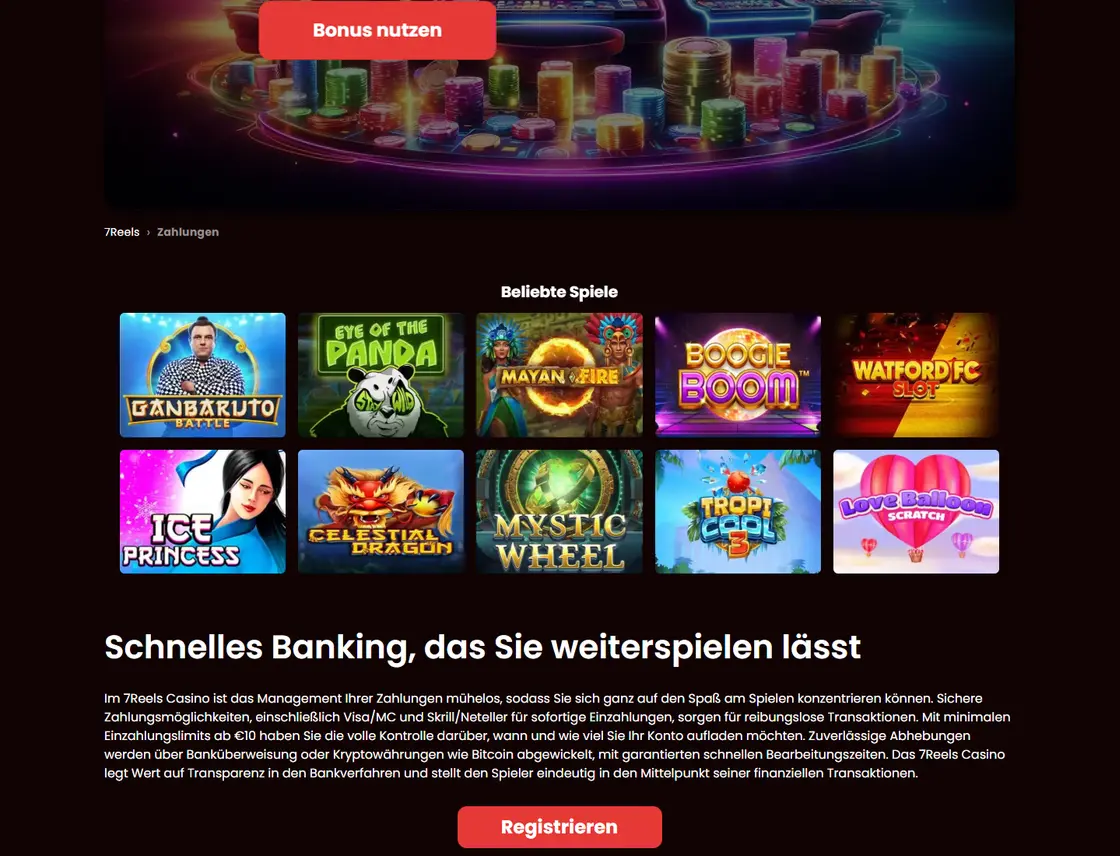 The 7Reels Casino payment page with its method table listing deposit ranges and processing estimates