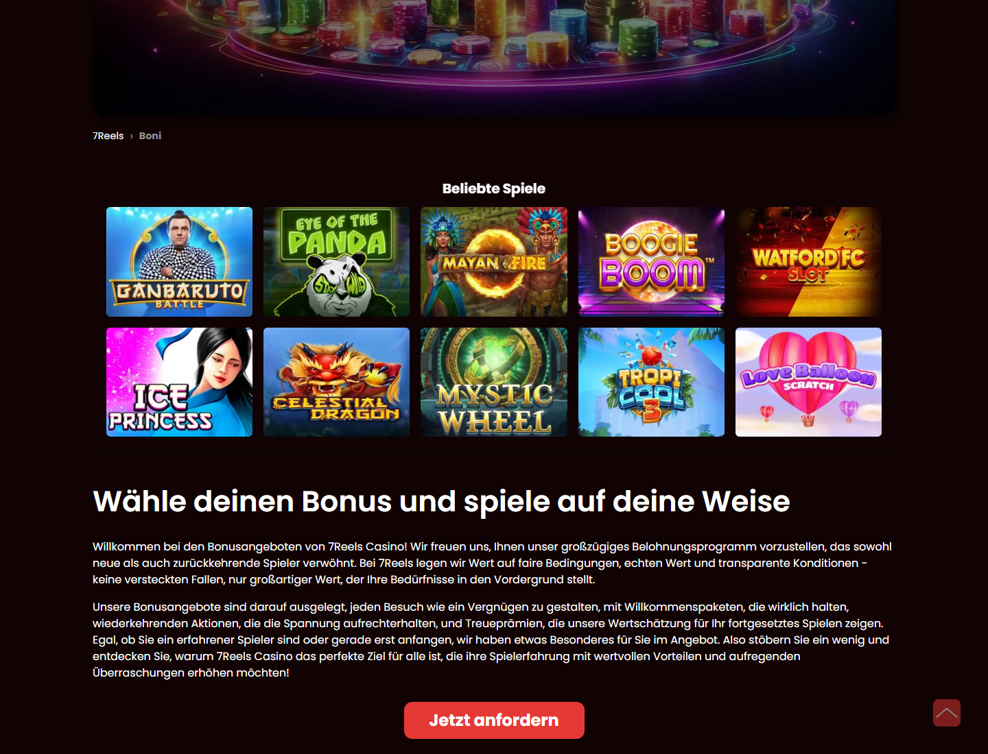 7Reels bonus page with popular games and promotion content